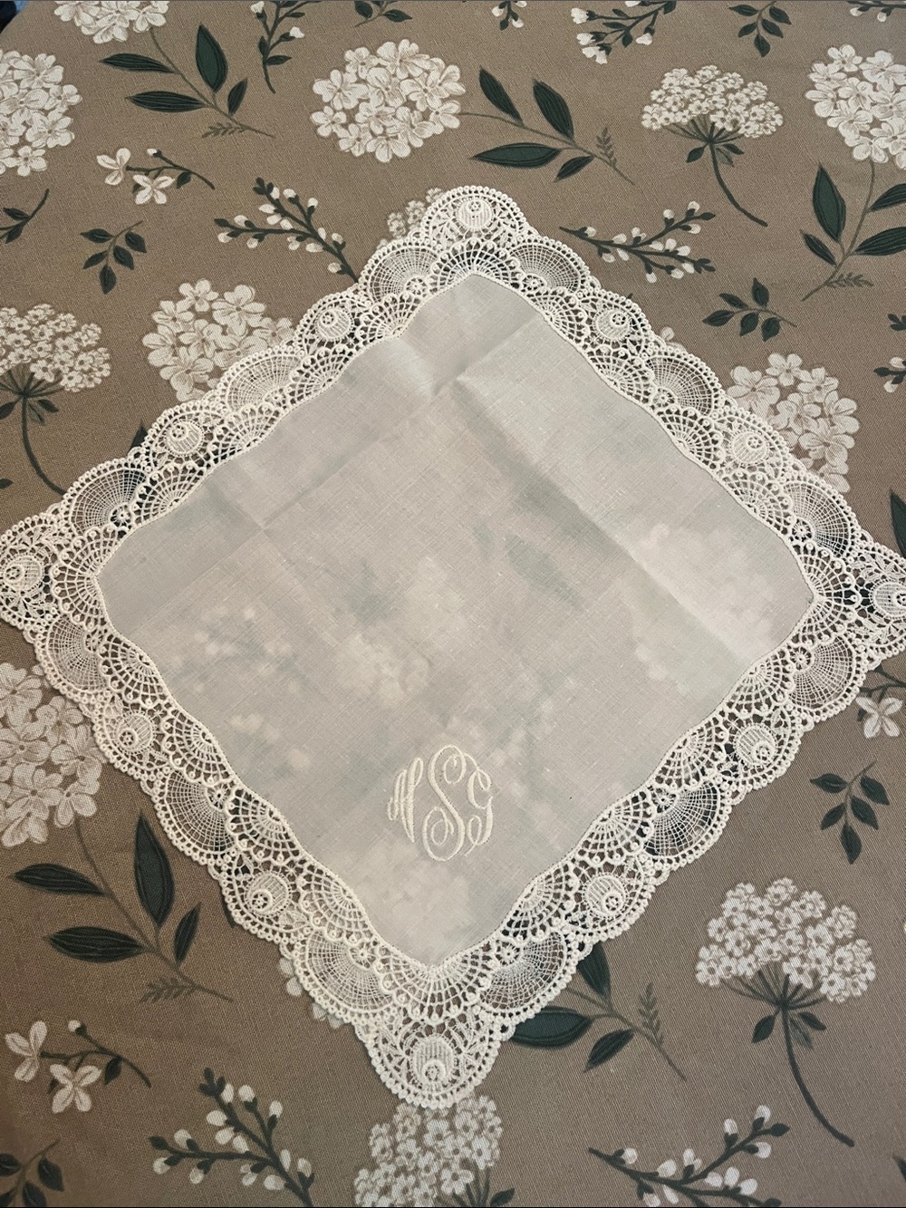 Elegant White Lace-Trimmed Handkerchief with Monogram NGS
